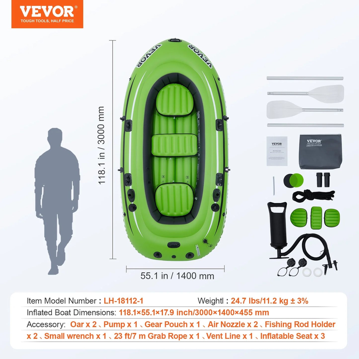 VEVOR 5-Person Inflatable Boat: Durable PVC Raft with Aluminum Oars, High-Output Pump & Fishing Rod Holders - Perfect for Family Fun on the Water!