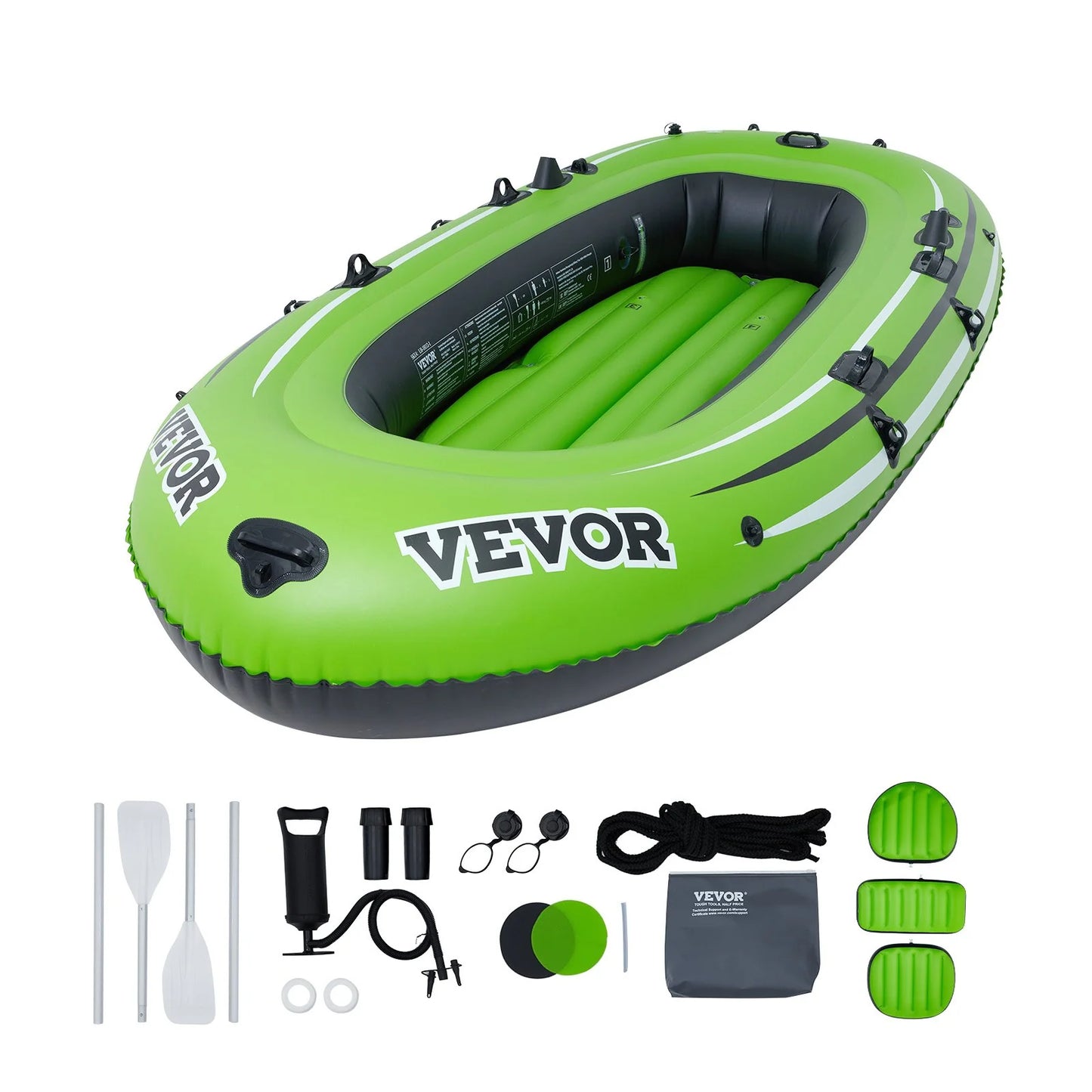 VEVOR 5-Person Inflatable Boat: Durable PVC Raft with Aluminum Oars, High-Output Pump & Fishing Rod Holders - Perfect for Family Fun on the Water!