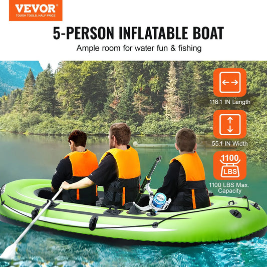 VEVOR 5-Person Inflatable Boat: Durable PVC Raft with Aluminum Oars, High-Output Pump & Fishing Rod Holders - Perfect for Family Fun on the Water!