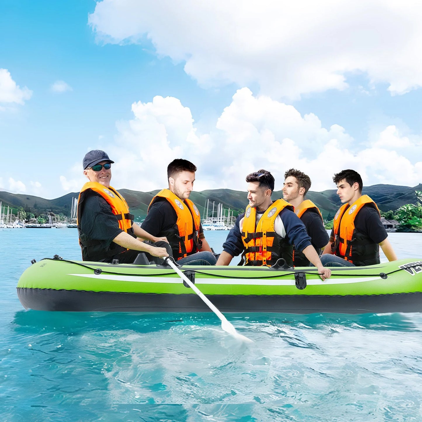 VEVOR 5-Person Inflatable Boat: Durable PVC Raft with Aluminum Oars, High-Output Pump & Fishing Rod Holders - Perfect for Family Fun on the Water!