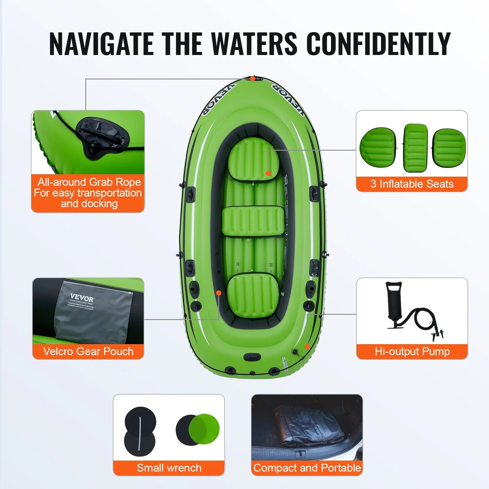 VEVOR 5-Person Inflatable Boat: Durable PVC Raft with Aluminum Oars, High-Output Pump & Fishing Rod Holders - Perfect for Family Fun on the Water!